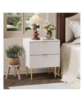 Modern Nightstand With 2 Drawers Golden And Wood Fluted Night Stand With Charging Station Bedside Table With USB Ports