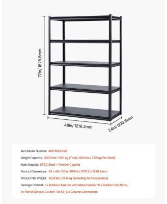 5-Tier Garage Storage Shelves, 24"D x 48"W x 72"H, 3000 lb Capacity, Adjustable Metal Utility Shelving Rack, Black