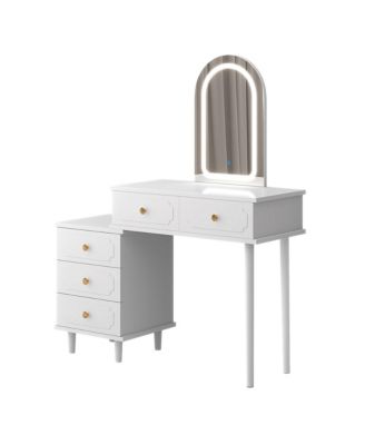 Makeup Vanity Desk with Lights and Mirror, Modern Dressing Table with 2 Drawers & 3-Drawer Cabinet, Adjustable LED Lighting Wood Vanity