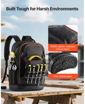 Tool Backpack with Tools, 65 Pockets, Heavy-Duty Tool Organizer with Laptop Compartment & Molded Base, Jobsite Backpack