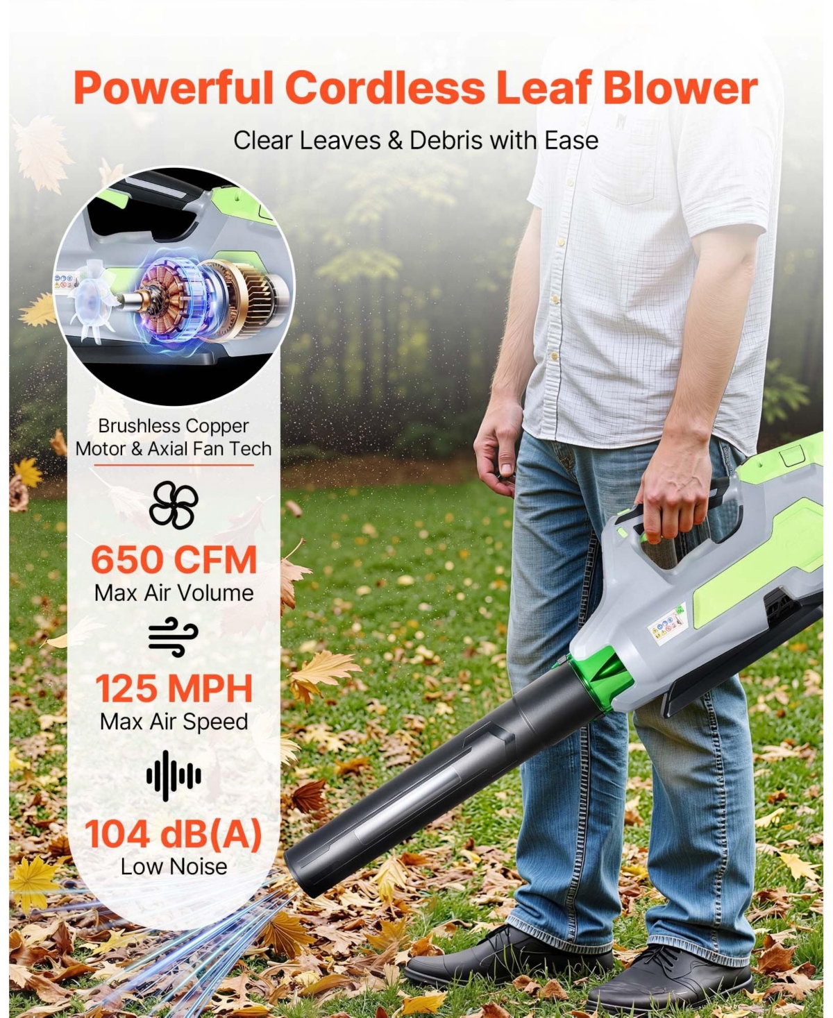 Mecale 60V Cordless Leaf Blower, 650 Cfm / 125 Mph, 3-Speed Control, 5.0Ah Battery, Fast Charging, Lightweight & Quiet