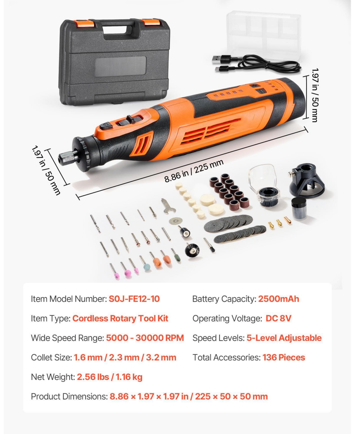 Mecale 136-Piece Cordless Rotary Tool Kit, DC8V Mini Rotary Tool, 5 Speeds 5000–30000 Rpm, Multi-Purpose Diy Tool Set
