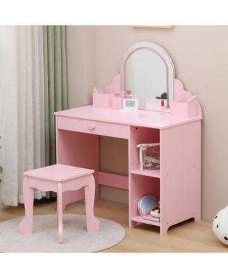 Kids Vanity with Lighted Mirror & Stool, Little Girls Vanity with Adjustable LED Light