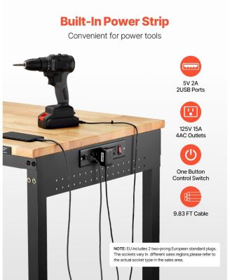 48" Adjustable Workbench, 2000 lb Load, Oak Wood Top Work Table with Power Outlet, Pegboard & Wheels, Heavy-Duty Work Bench