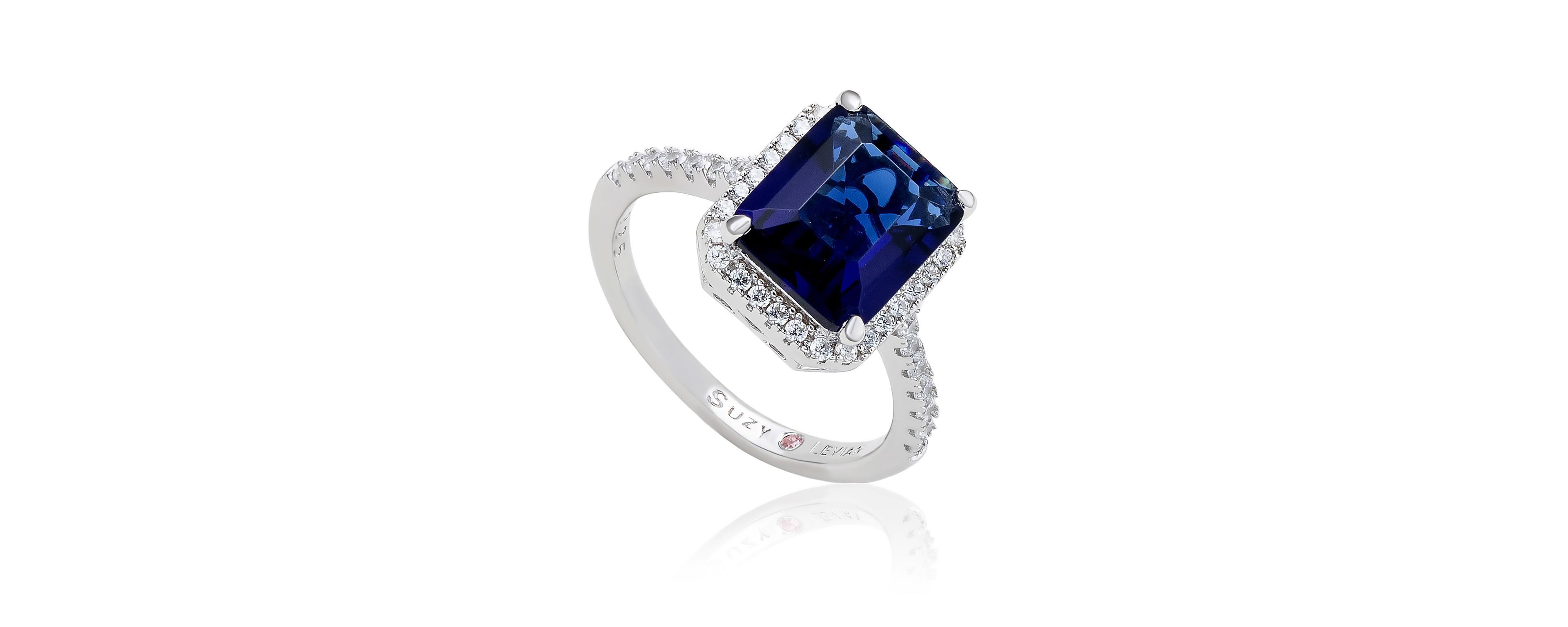Suzy Levian Sterling Silver Large Emerald-Cut Cubic Zirconia Halo Ring