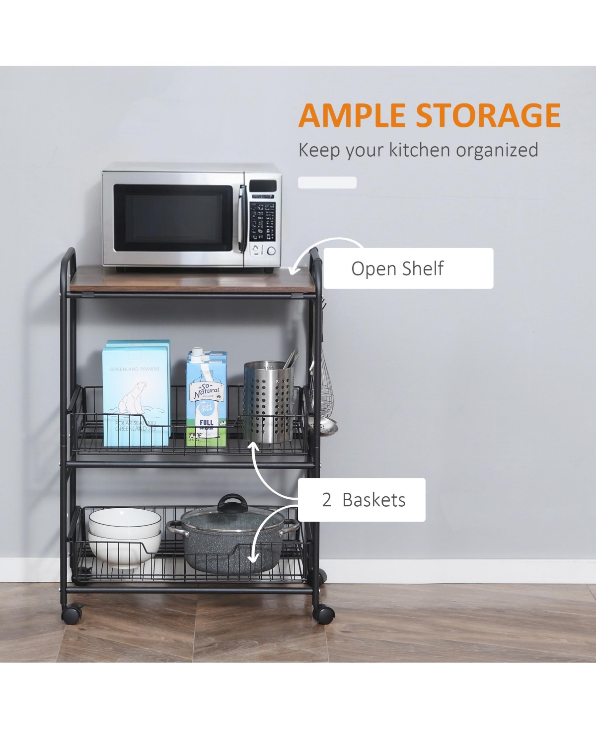 Homcom 24" 3-Tier Rolling Kitchen Cart, Utility Storage Trolley with 2 Basket Drawers, Side Hooks for Dining Room, Walnut Wood Tone