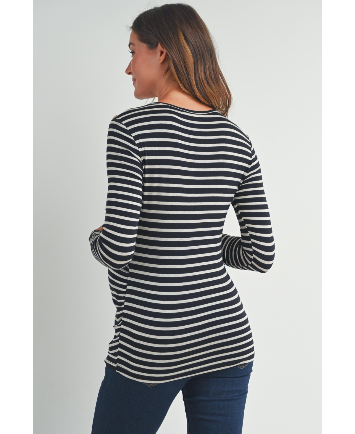 Hello Miz Women's Long Sleeve Side Ruched Striped Maternity Top