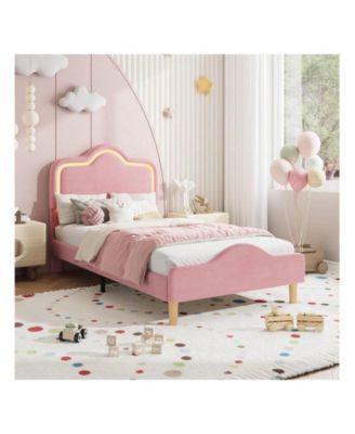 Upholstered LED Bed Frame with Headboard and Footboard Velvet Princess Platform Bedframe for Kids or Girls Wooden Slats Support No Box Spring