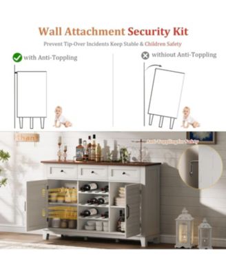 53.5'' Farmhouse Buffet Cabinet with Storage, Storage Cabinet with 3 Drawer, Reversible Wine Rack, Farmhouse Sideboard, Rustic White & Brown