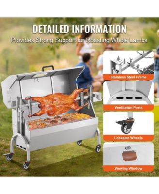 46" Rotisserie Charcoal Spit Grill with Hooded Cover, 132 lb Capacity, 52W Electric Motor, Stainless Steel Roaster, Lockable Wheels