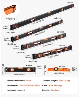 6-Piece Box Level Set, 78/48/32/24/16/10", Bubble Vials, 45/90/180° Ruler, SAE/Metric Scale, Aluminum Alloy (10" Magnetic