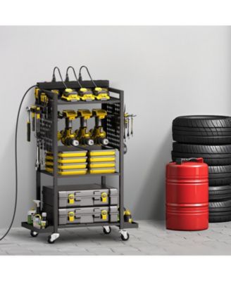 4-Tier Tool Organizer Cart with Charging Station, 8 AC Outlets, Rolling Drill Holder & Tool Battery Storage Rack, Wheels, Garage Use