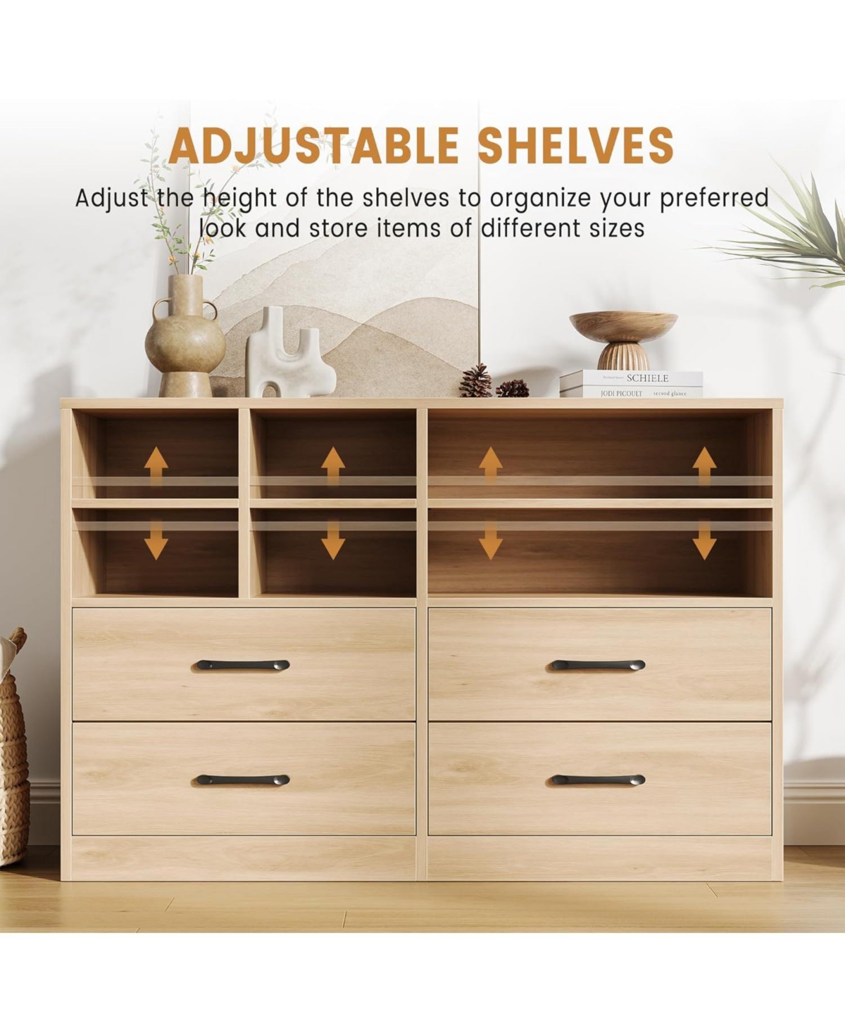 gaomon 2pcs Bedroom Dresser with 4 Drawers & 6 Open Shelves, Modern Wood Storage Cabinet for Living Room, Oak