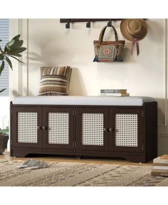 Rustic Wood Entryway Shoe Bench with Cushion and Adjustable Shelves