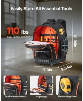 Rolling Tool Backpack on Wheels, 110 lb Capacity, 45 Pockets, Heavy-Duty Tool Organizer, Telescoping Handle, Stable Base