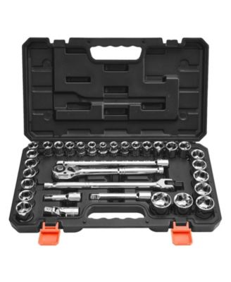 33-Piece 1/2" Drive Socket & Ratchet Set, SAE & Metric, Extension Bar, Storage Case, CR-V Alloy Steel