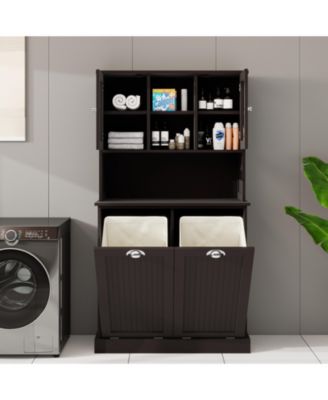 Two-Compartment Tilt-Out Laundry Basket Cabinet with 2 Adjustable Shelves, Tall Bathroom Storage