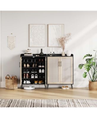 Rattan Shoe Cabinet, 5-Tier Shoe Storage Cabinet with Doors, 2 Adjustable Shelves and Heavy Duty Metal Legs