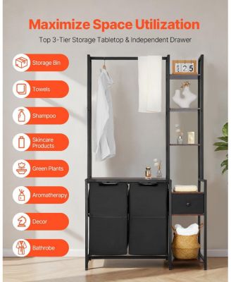3-Tier Laundry Sorter with Rack, 2-Section Hamper with Shelves & Drawers, Ladder Shelves, 600D Oxford Bags, Metal Frame