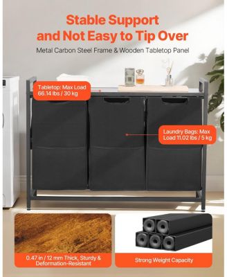 3-Section Laundry Sorter, Large Hamper with Wood Top, Metal Frame, Pull-Out 600D Oxford Cloth Bags, Freestanding Organizer