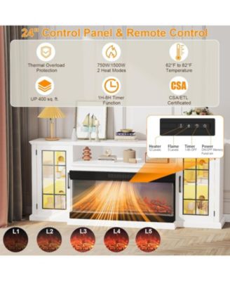 75" 3-Sided Glass Fireplace TV Stand for TVs Up to 85", 40" Electric Fireplace, Rustic Distressed Media Console with Glass Doors & Storage