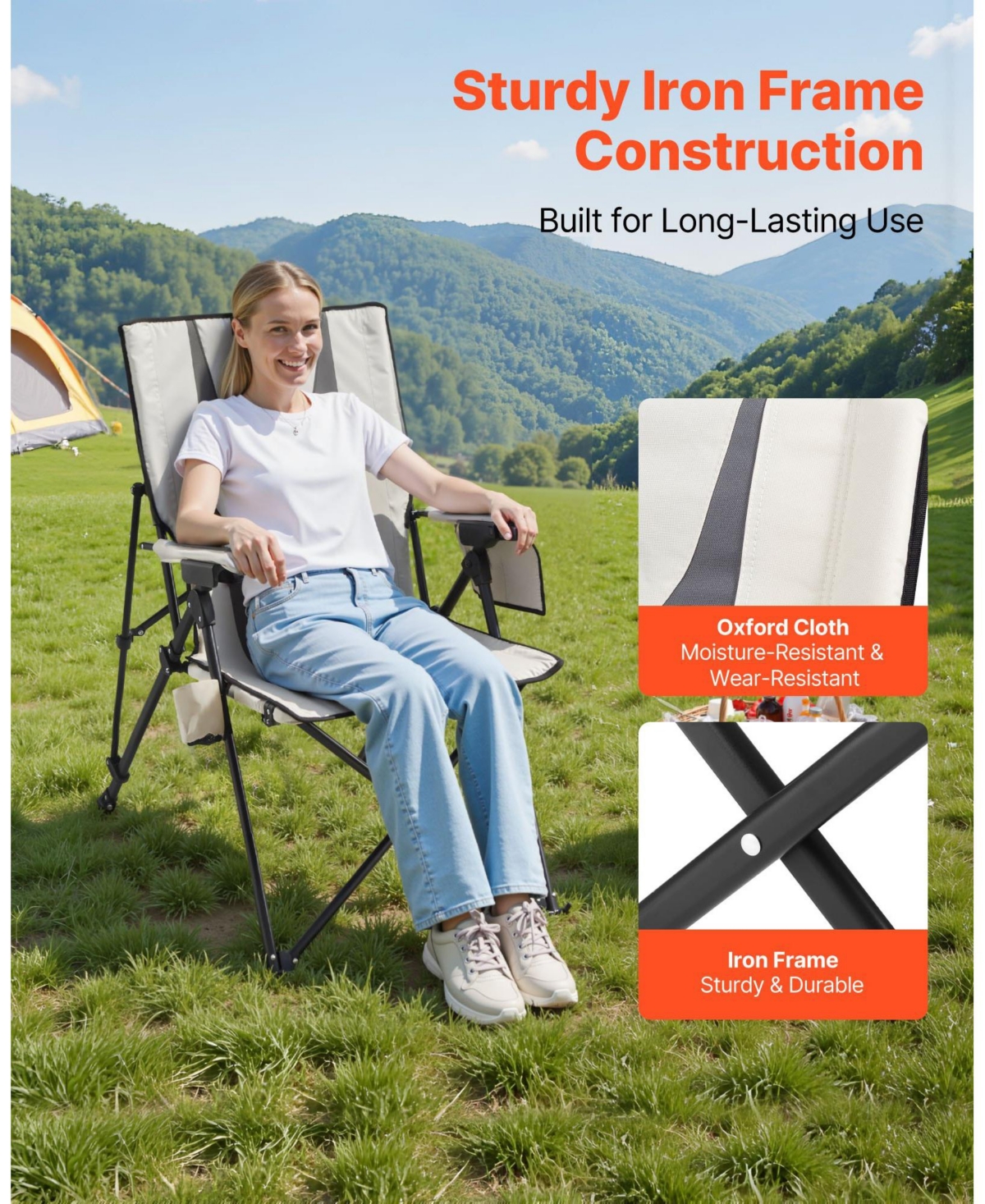 Mecale Folding Camping Chair, High Back Chair with 3 Reclining Positions, Padded Seat, Armrests & Headrest, 260 lb Capacity