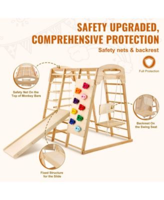 7-in-1 Indoor Jungle Gym, Wooden Climbing Playset w/ Ladders, Net, Swing, Monkey Bars, Slide & Wall