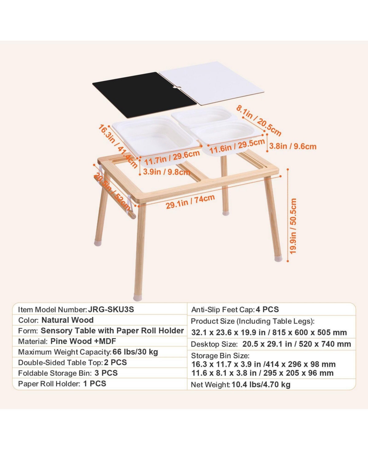 Mecale Kids Sensory Table, 3 Foldable Bins & Paper Roll Holder, Indoor/Outdoor Sand & Water Play, Wooden