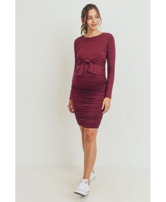 Maternity Front Tie Crew Neck Side Ruched Nursing Dress