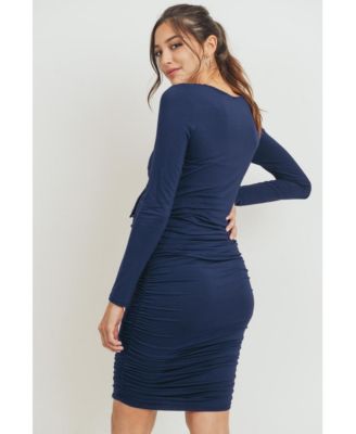 Maternity Front Tie Crew Neck Side Ruched Nursing Dress