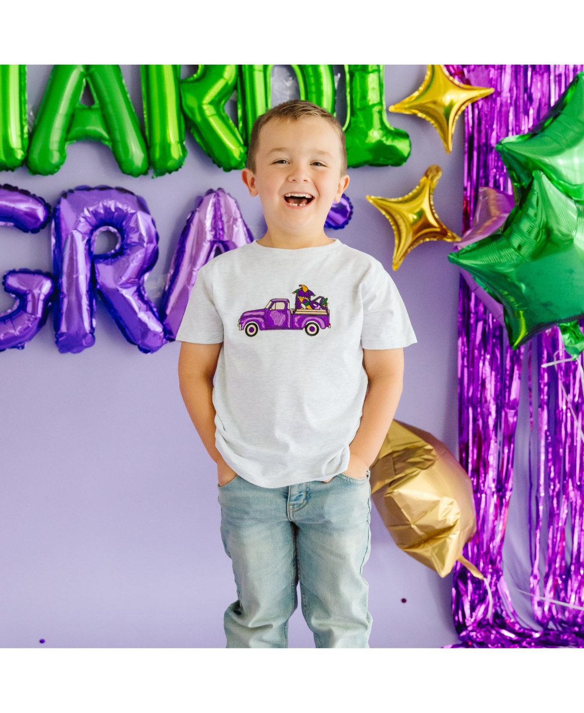 Sweet Wink Toddler Boys Mardi Gras Truck Patch Short Sleeve T-Shirt