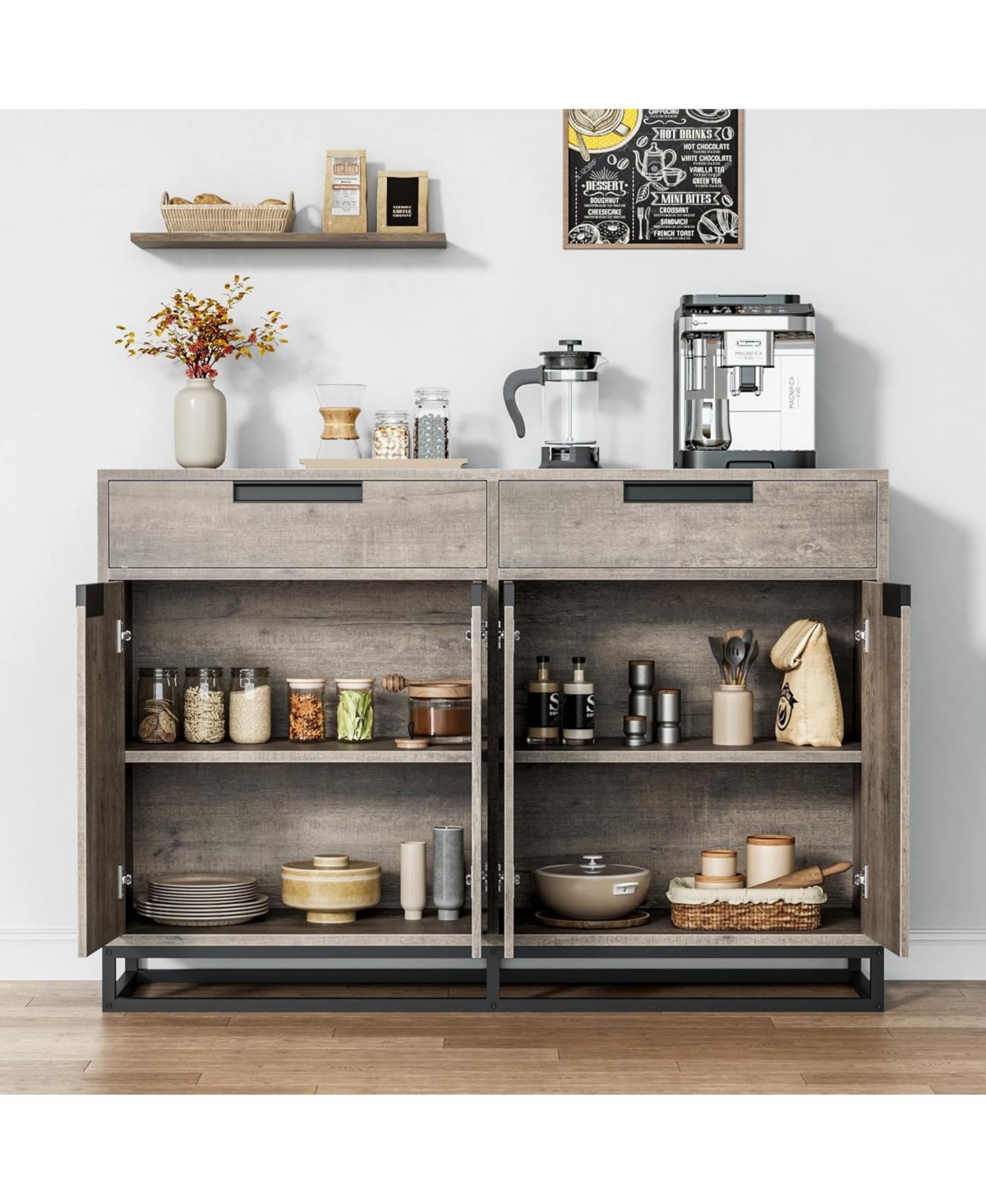 gaomon Kitchen Buffet Cabinet 55 Inch Large Modern Sideboard with 2 Drawers and 4 Doors, Coffee Bar Table for Dining Room