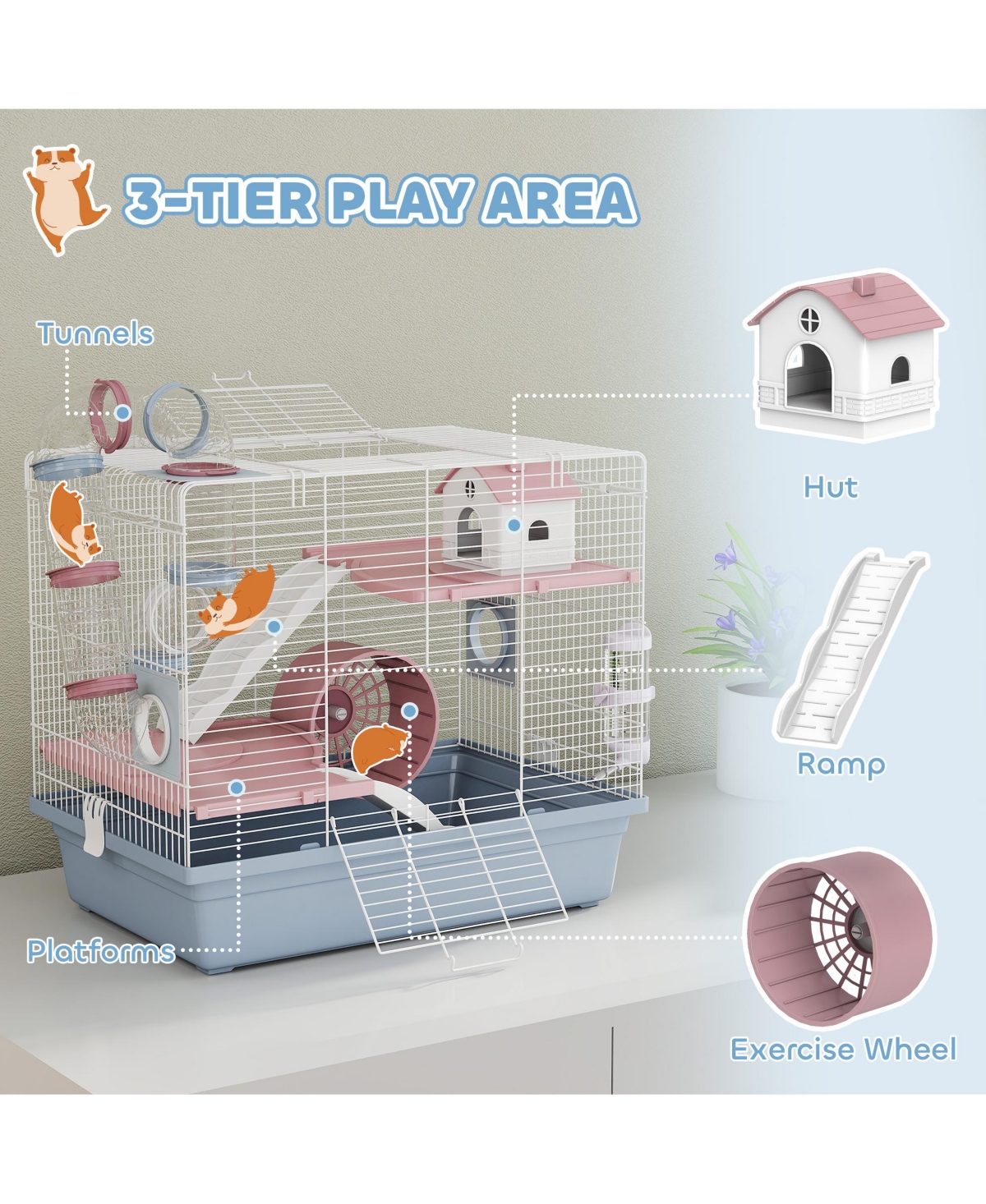 PawHut Hamster Cage, 3-Tier Gerbil Cage with Exercise Wheel and Tubes,