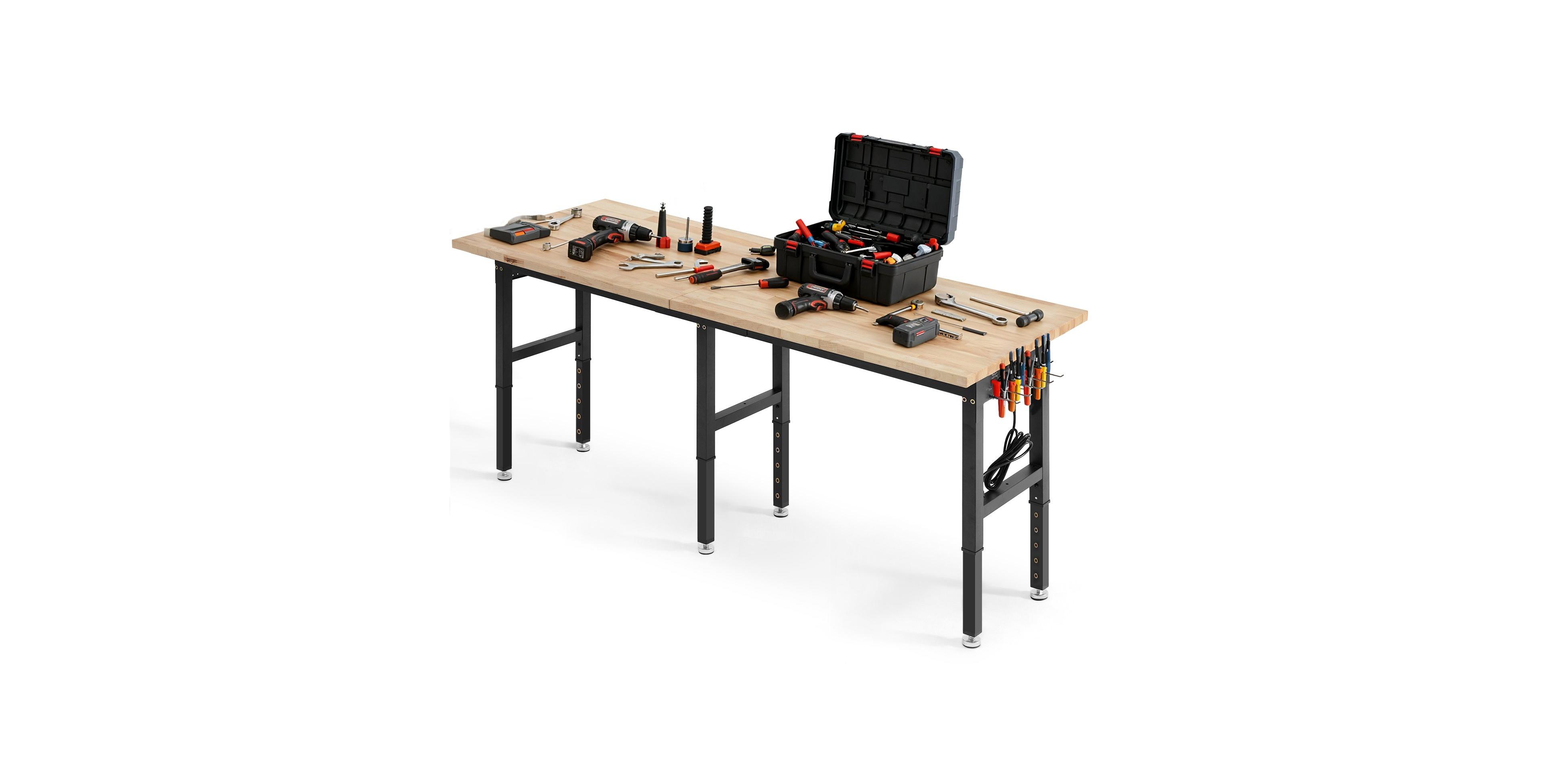 Mecale 96" Adjustable Workbench, 5000 lb Capacity, 96 x 24" Oak Wood Top, 4 Ac Outlets & 2 Usb Ports, Heavy-Duty Worktable