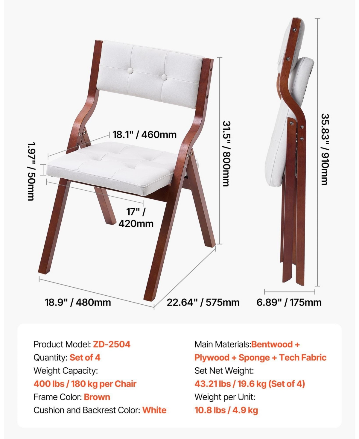 Mecale Set of 4 Wooden Folding Chairs with Cushion, Portable Foldable Padded Dining Chairs with Wooden Frame, White
