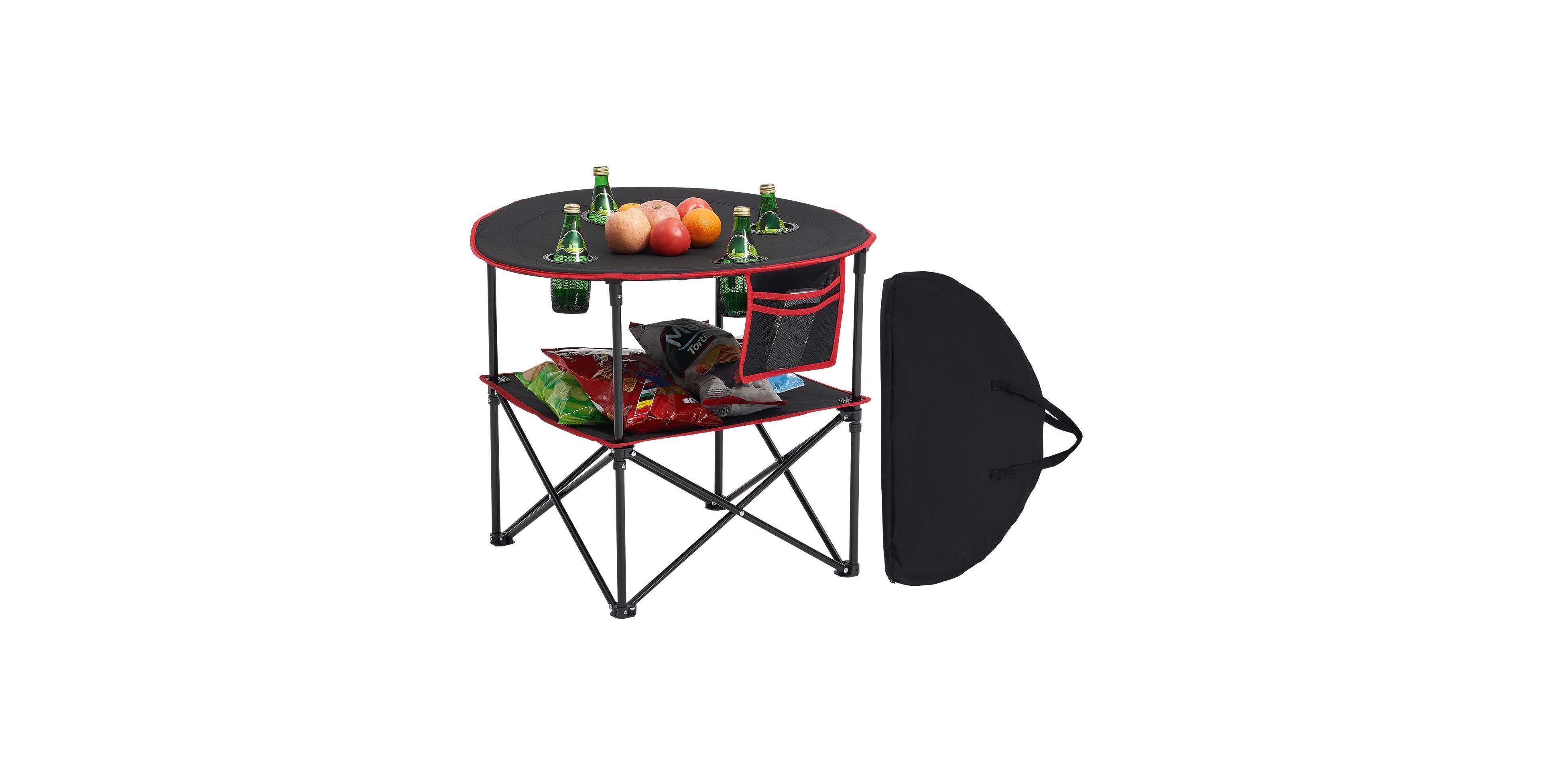 Mecale Folding Camping Table, 600D Waterproof Oxford Top with 4 Cup Holders, Carry Bag, Black