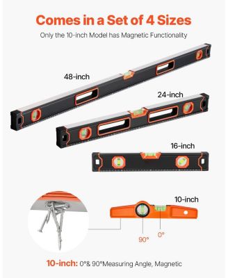 4-Piece Box Level Set, 48/24/16/10", Light-Up Bubble Vials, 45/90/180&deg; Ruler, Aluminum Alloy, Shock-Proof (10" Magnetic