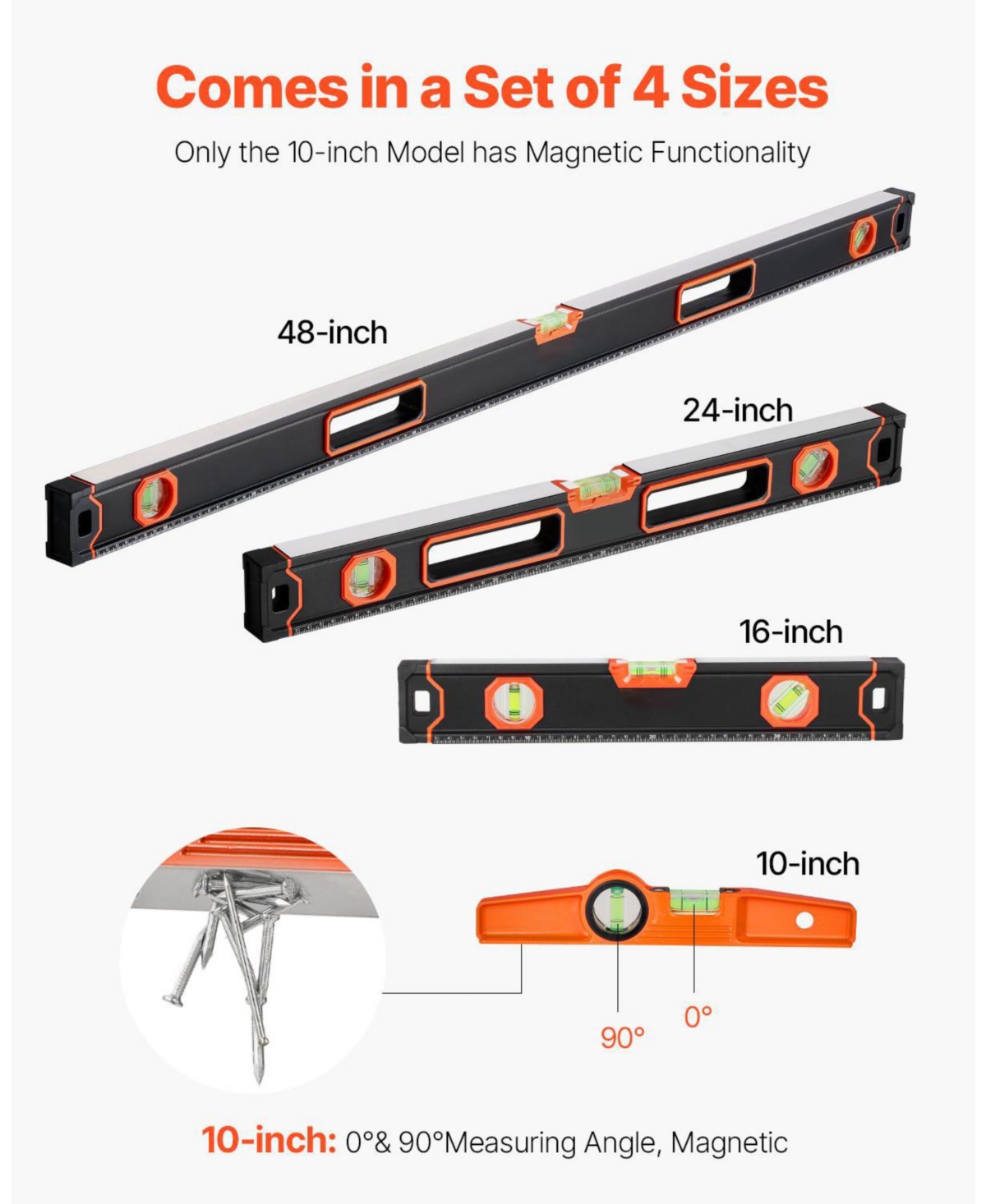 Mecale 4-Piece Box Level Set, 48/24/16/10", Light-Up Bubble Vials, 45/90/180° Ruler, Aluminum Alloy, Shock-Proof (10" Magnetic