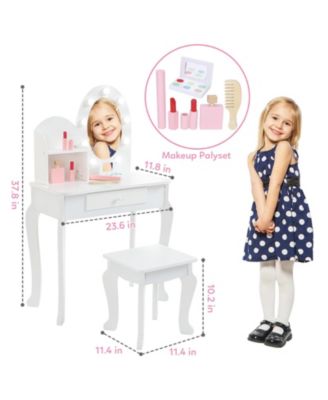 Girls' Vanity Set with Light and Mirror, Makeup Table and Stool for Kids, Wood Dressup Playset for 4-9
