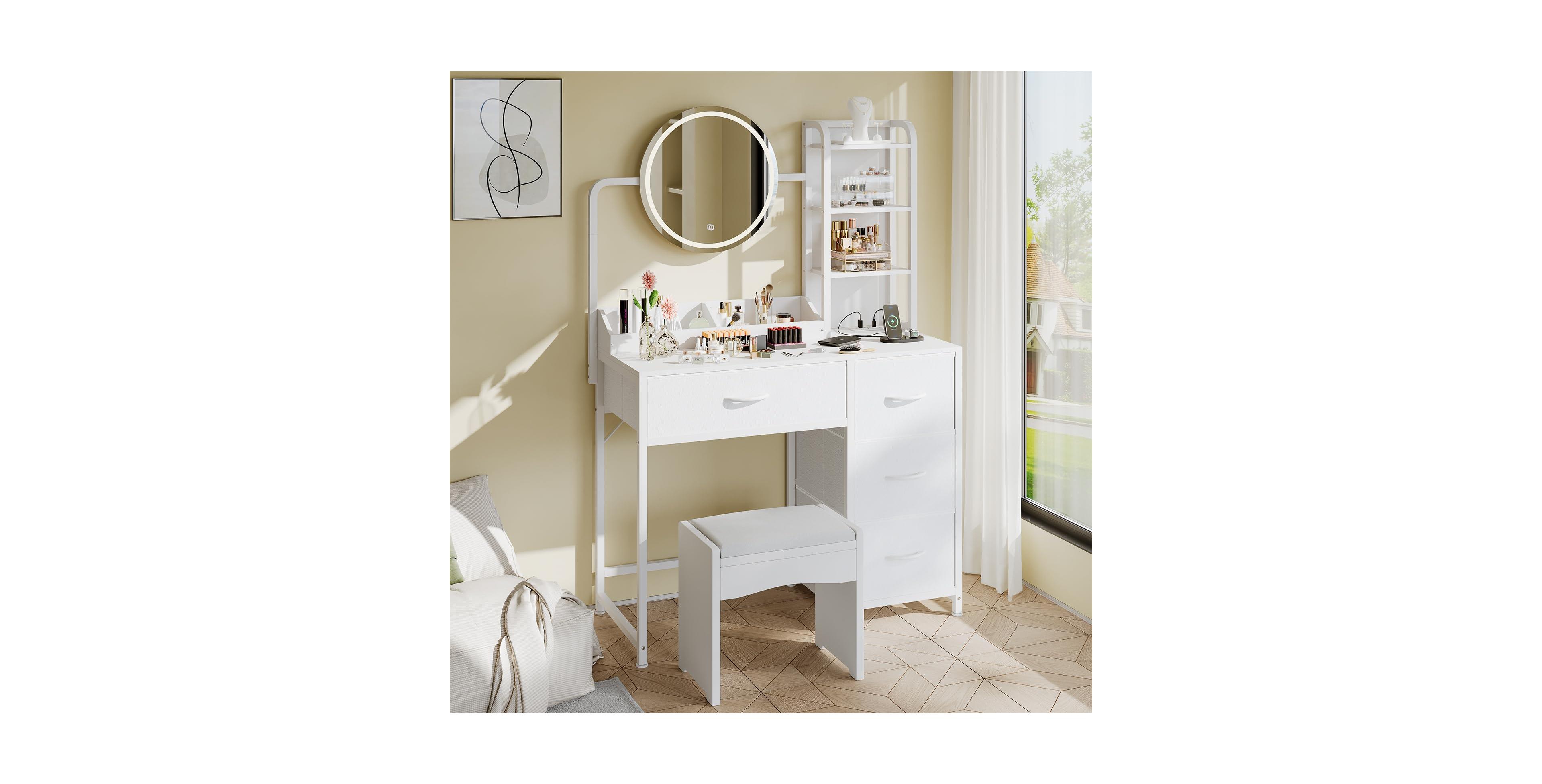 gaomon Vanity Desk with Mirror and Lights, Wood Dressing Table with 4 Fabric Drawers, Makeup Table with Hair Dryer Rack for Bedroom Dressing Room