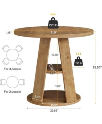 Round Dining Table for 2–4, 31.5" Small Farmhouse Kitchen Table with 2-Tier Storage Shelf, Space-Saving Wood Dining Table, Light Brown