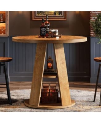 Round Dining Table for 2–4, 31.5" Small Farmhouse Kitchen Table with 2-Tier Storage Shelf, Space-Saving Wood Dining Table, Light Brown