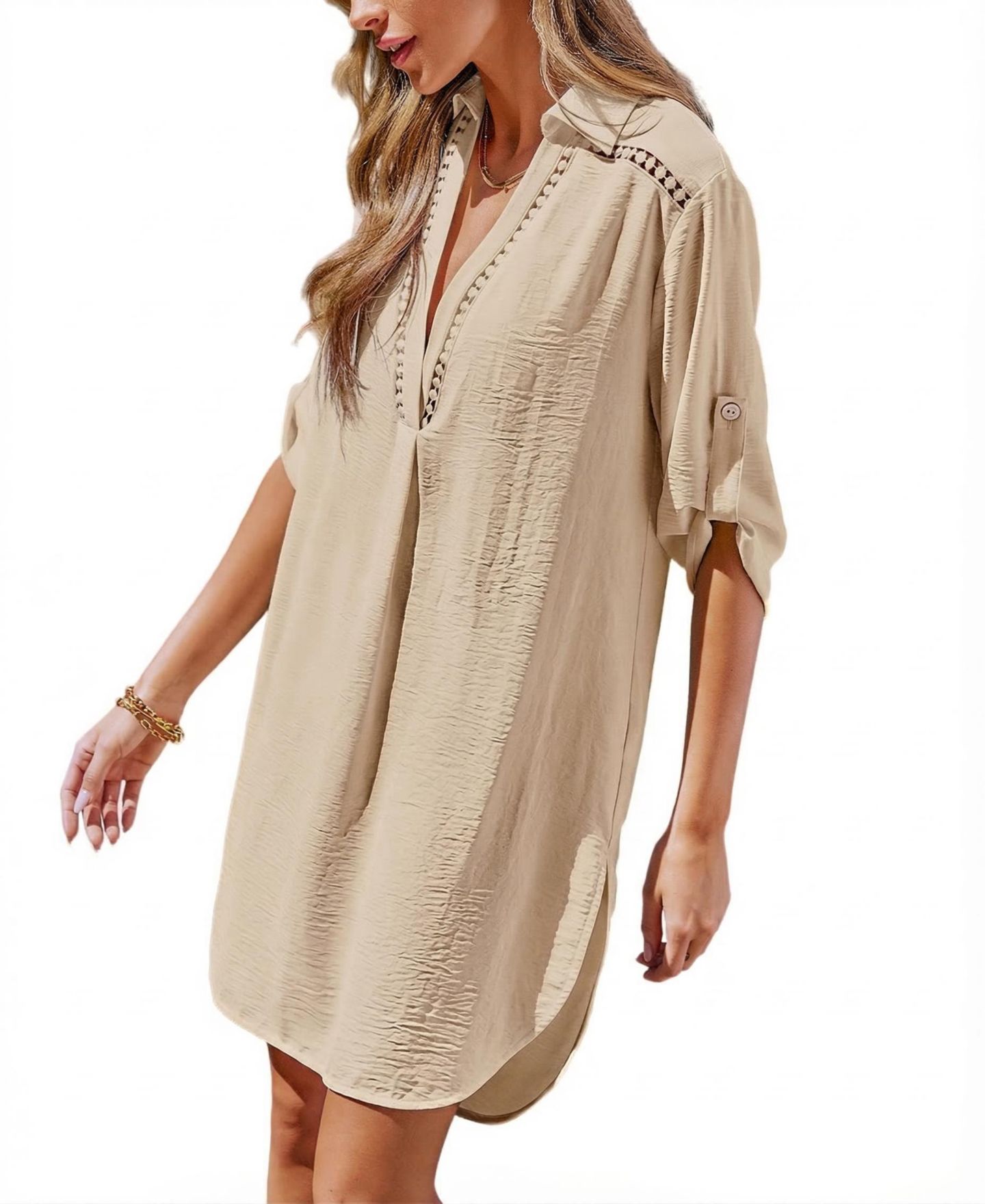 Женское платье Cupshe Throw It On Cover-Up Mini Beach, цвет: Бежевый / Хаки — фото 3