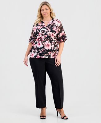 Plus Size Split-Neck Printed Flutter-Sleeve Top 