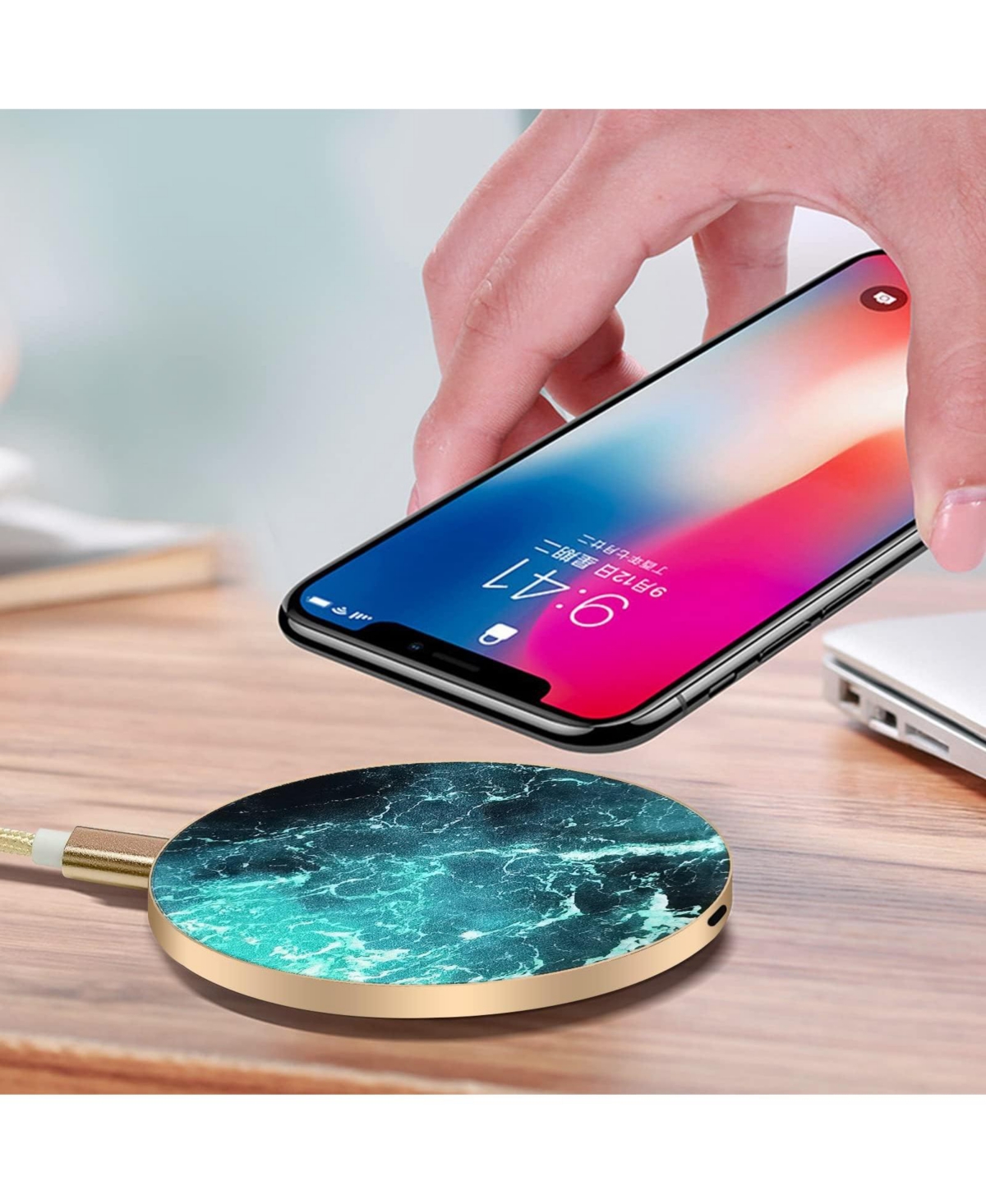 Risokeys Aluminum Alloy Wireless Charger, 10W Marble Pattern Wireless Charger, He-WT16 Qc Input Ce Certification for iPhone,Green