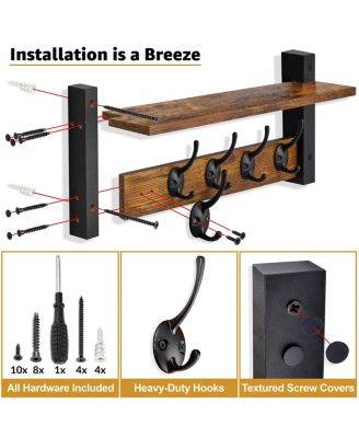 16 Inch Floating Wall Shelf with 5 Heavy Duty Hooks – for Entryway, Bathroom, Bedroom, Kitchen, or Mudroom