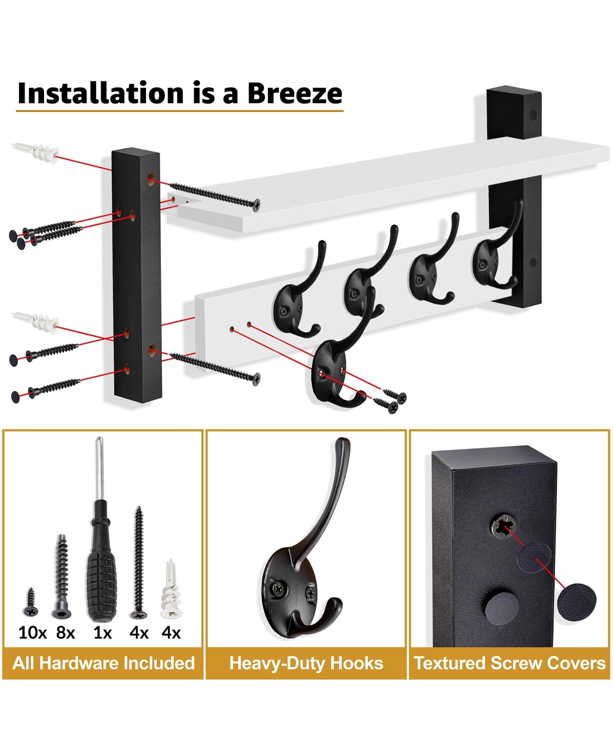 Sorbus Inch Floating Wall Shelf with 5 Heavy Duty Hooks – for Entryway, Bathroom, Bedroom, Kitchen