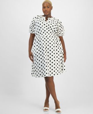 Plus Size Dot-Print Puff-Sleeve Smocked-Waist Midi Dress  
