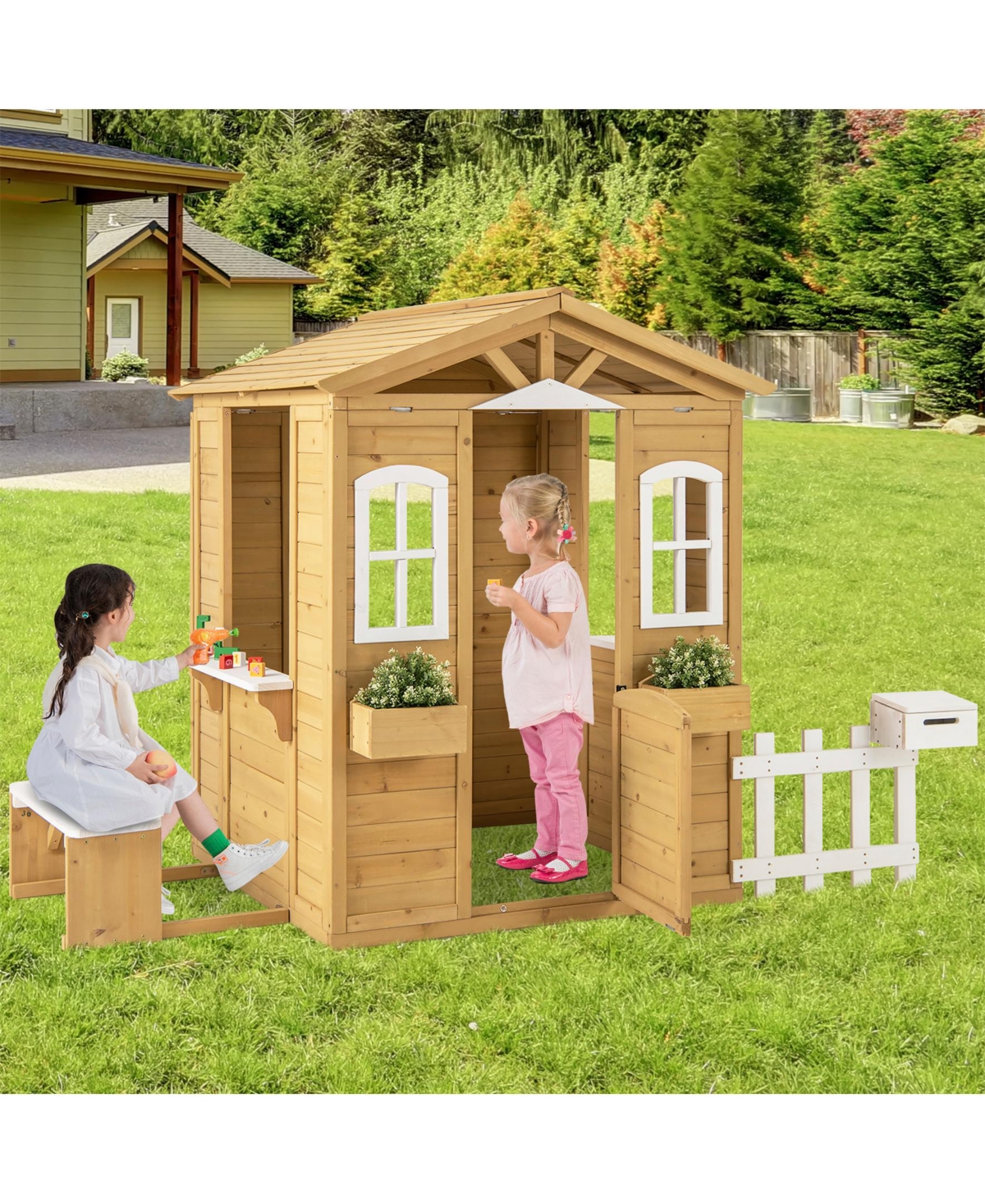 Sugift Wood Playhouse with Bench and Serving Stations for 2+ Years Old Kids