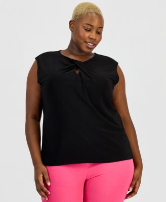 Plus Size Twist Keyhole-Neck Cap-Sleeve Knit Top